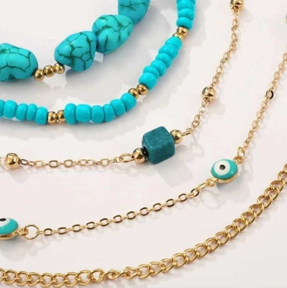 Turquoise Evil Eye 5 Layer Golden Anklet - Picture 4 of 5
